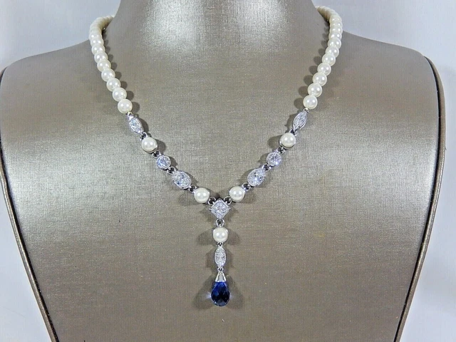New Samuel Aaron 925 Sterling Silver Lab Created Sapphire Pearl Cz Necklace