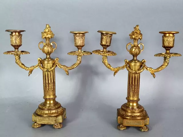 Pair Antique Candlesticks Quad Bronze Golden Xixth Siècle. Good Condition