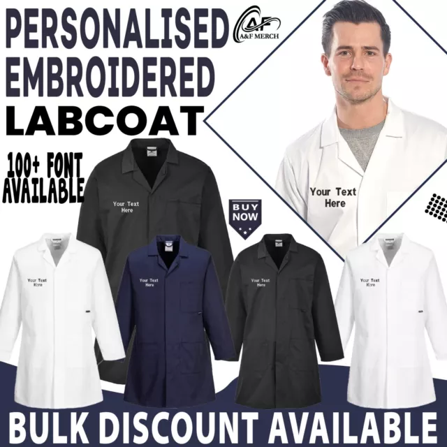 PERSONALISED CUSTOM Embroidered Text Portwest Lab Coat Standard Laboratory PW175