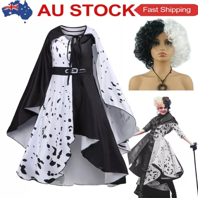 Kids Girls Cruella Dresses Cosplay Costume Wig Set Fancy Dress Outfit Party Gift