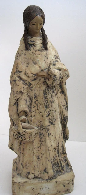 CLAIRE Dark Haired Maiden in Cloak Art Pottery Red Clay Figurine w Bird Signed