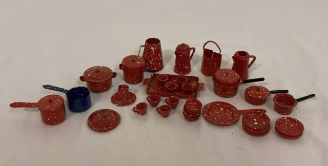 Dollhouse Metal Dish Camping Set Of 40 Pieces Red Splatterware 1:12