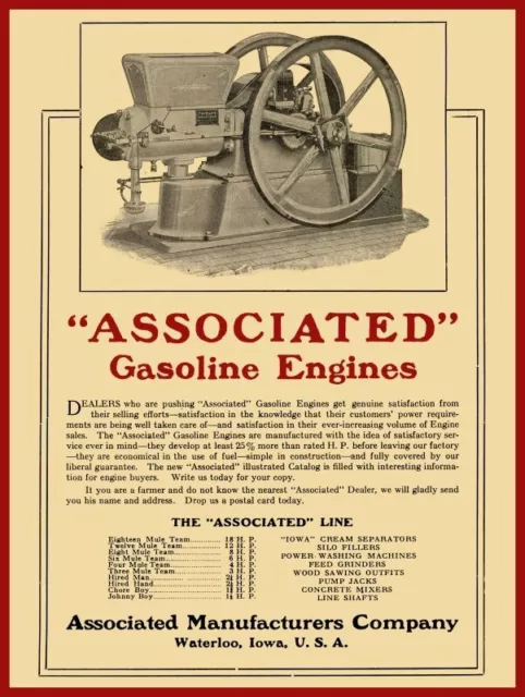 1915 Associated Gas Engine, Chore Boy Line NEW Metal Sign: Waterloo, Iowa, 9x12"