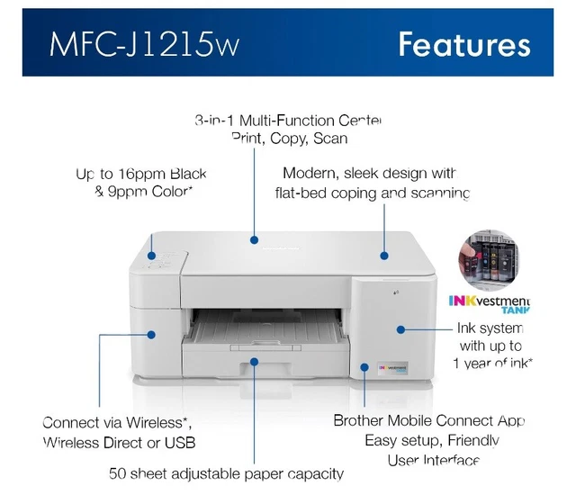 BROTHER MFCJ1215W INKVESTMENT Tank MultiFunction Color Inkjet Printer