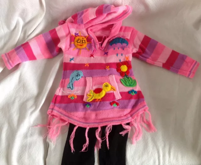 Hand knitted Alpaca Wool Children Sweater dress with fringes and 3D designs