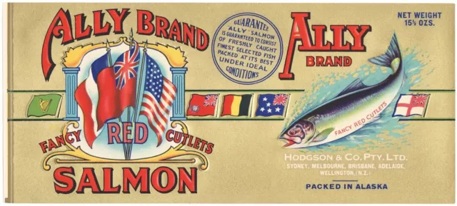 Original Alaska Ally brand salmon can label in excellent condition