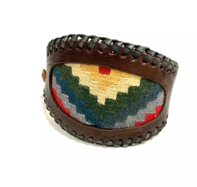Vintage Handmade Leather Tooled Bracelet Alpaca Fabric Center Southwestern
