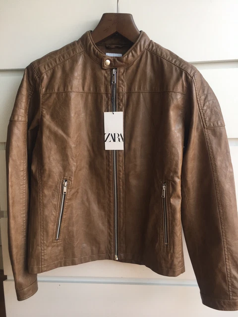 VESTE HOMME ZARA MAN marron clair simili cuir style motard taille