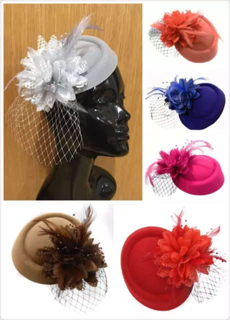 Fascinator Hat Pillbox Flower Veil Hatinator UK Wedding Ascot Races Clip Felt