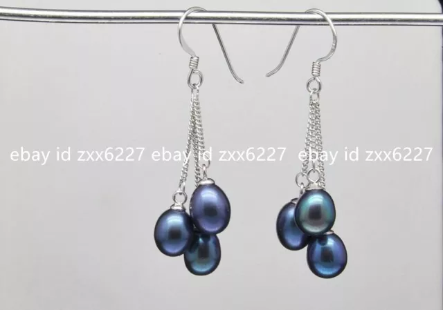 Natural 6-7mm Black Pearl Dangle Chain 925 Sterling Silver Hook Earrings