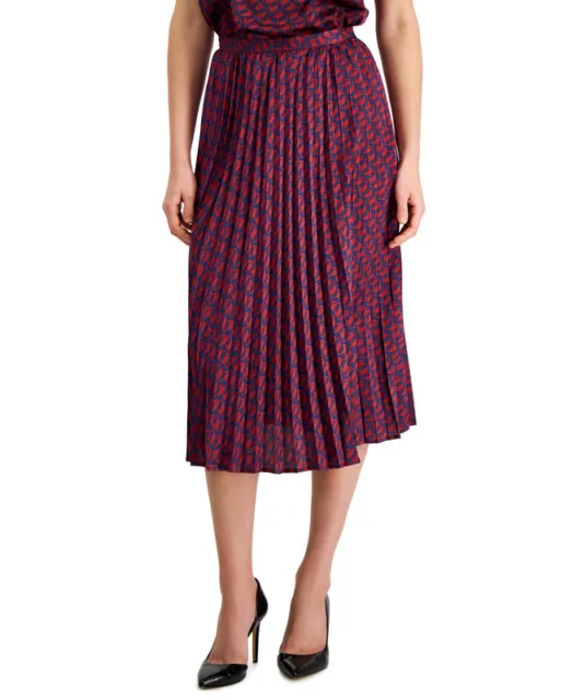 Tahari ASL Women's Printed Pleated Midi Skirt (Midnight Navy/Cherry, 12)