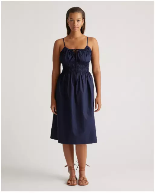 Quince 100% Organic Cotton Keyhole Midi Dress Poplin Navy Blue Size M NEW