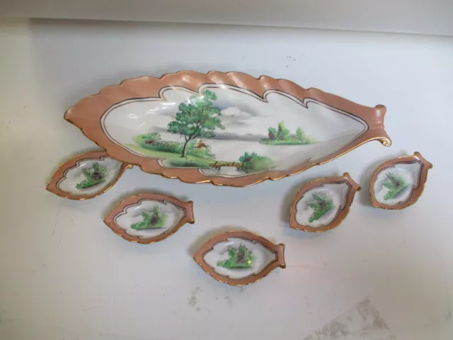 Antique Noritake Oval Celery Plate + 5 Salt Dishes Hand Painted Porcelain Signed