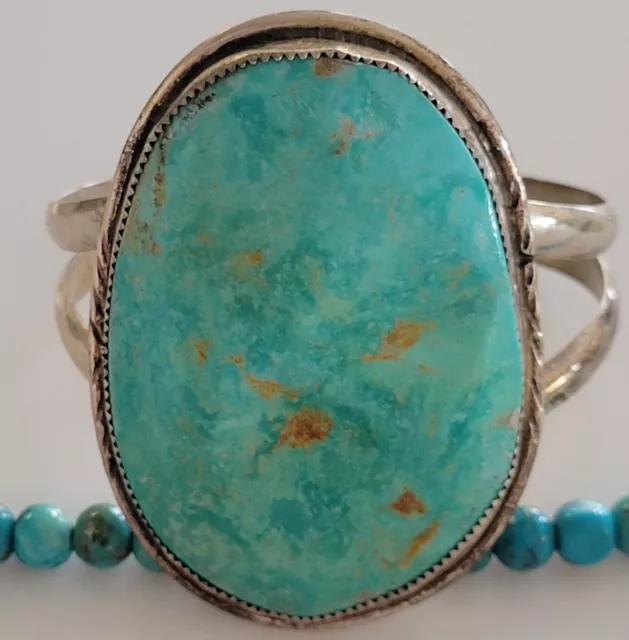 Old Pawn Handmade Vintage STERLING NAVAJO HUGE SLAB Green Turquoise Bracelet