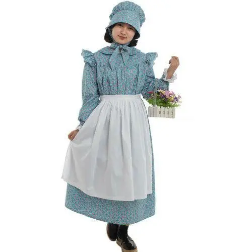 Pilgrim Girls Victorian Maid Dress Colonial Floral Dresses Apron Bonnet 6 Colors