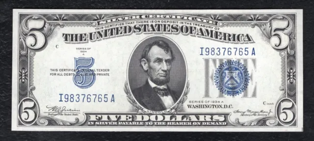 1934-A $5 Five Dollars Silver Certificate Currency Note Gem Uncirculated (D)