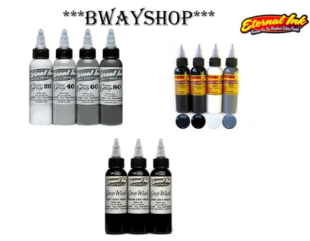 ETERNAL Tattoo Inks for SHADING & OUTLINING Black Gray White Sets Bottle 1/2 1 2