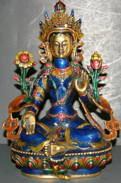 Tibetan Buddhist Handcrafted Bronze Cloisonne Green TaRa Kwan-yin Buddha Statue