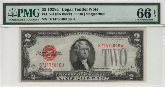 1928 C $2 Legal Tender Red Seal Fr.1504 Ba Block Pmg Certified Gem Unc 66 Epq