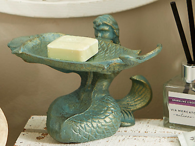 Mermaid Soap Dish Bird Bath Cast Iron Verdigris Green Nautical Beach Heavy Duty