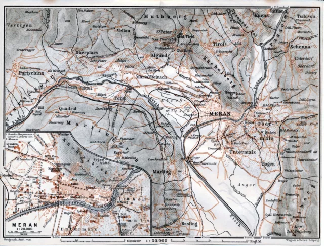 Autriche Meran Merano 1911 plan ville, carte + guide (5 p.) château de Tyrol