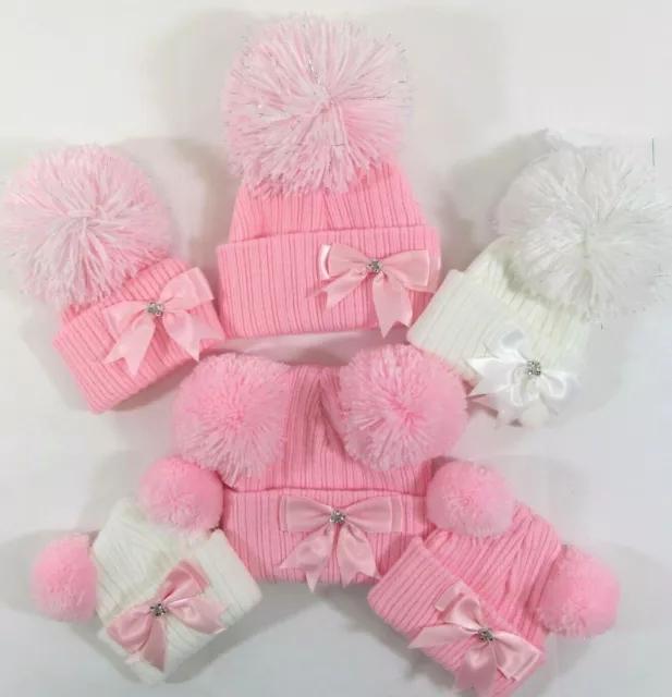 Baby Girls Knitted Winter Bow Bobble Hat Pink Grey Two Double 2 Pom Pom NB - 24