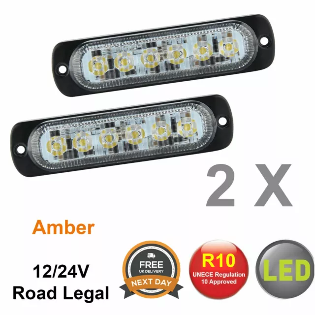 2 X Super Slim Efl6Led Led Flashing Recovery Lights 12/24V Amber Beacons Strobes