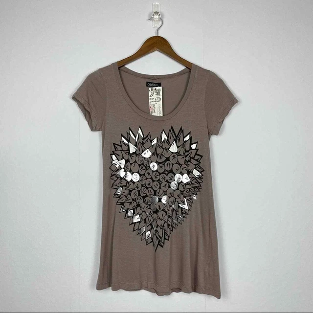 Lauren Moshi XS NWT Brown Metallic Spike Heart Short Sleeve Fitted Graphic Tee