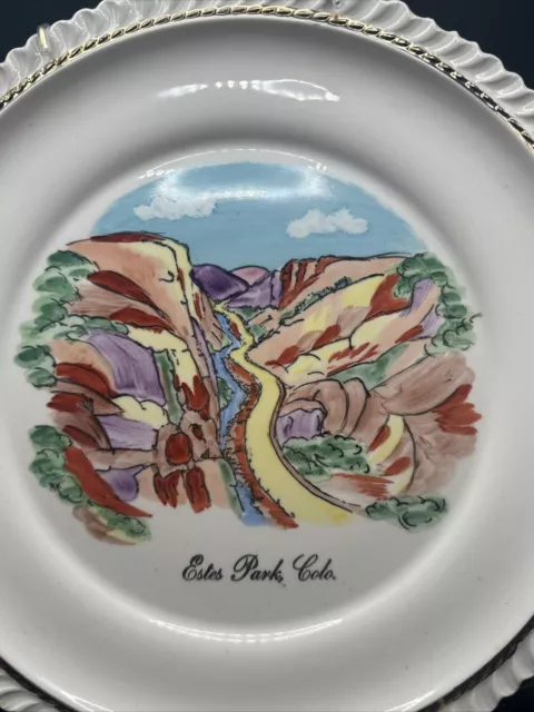 Vintage Estes Park Colorado Souvenir Plate 22 Karat Gold Hand Painted 10” 2