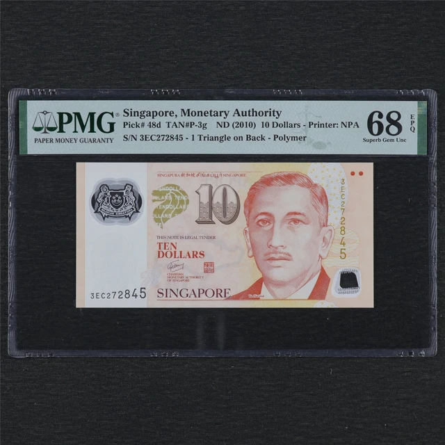 2010 Singapore Monetary Authority 10 Dollars Pick#48d PMG 68 EPQ Superb Gem UNC