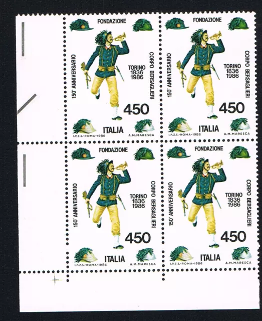 ITALIA 1 QUARTINA FONDAZIONE DEL CORPO DEI BERSAGLIERI 1986 nuovo**  (BI4584)