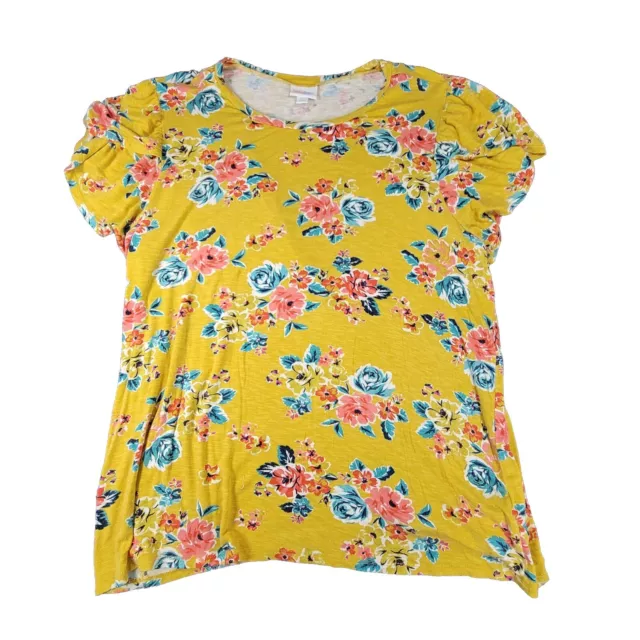 LulaRoe Yellow Shirt Womens 2XL Floral Print Top Round Neck Short Sleeve Blouse