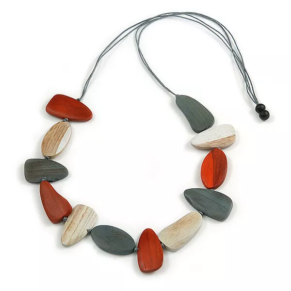 Geometric Melange Orange/ White/ Grey Wood Bead Black Cotton Cord Necklace -