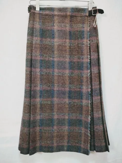 VTG Brown Multi-colored Plaid Kilt Wrap Skirt Made In Great Britain US Size 10