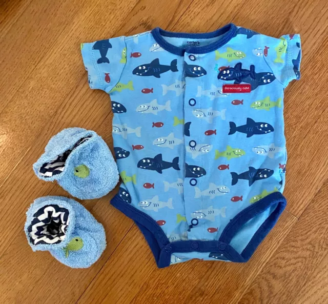 Baby Boy Carters Blue Shark One-Piece Terry Stripe Reversible Booties, shoes 3M