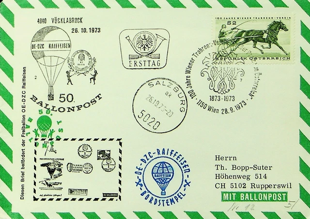 SEPHIL AUSTRIA 1973 PRO JUVENTUTE BALLOON POST COVER W/ 2s TO SWITZERLAND+ CARD