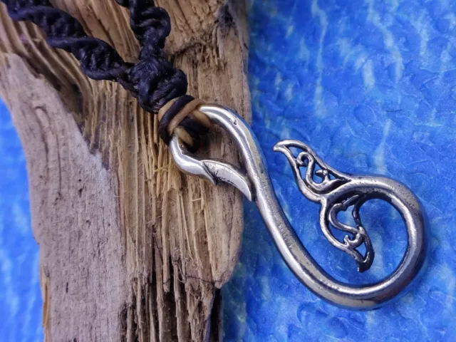 Unique Fish Hook Pendant Macrame Necklace Hei Matau Hand 1.25" Tall