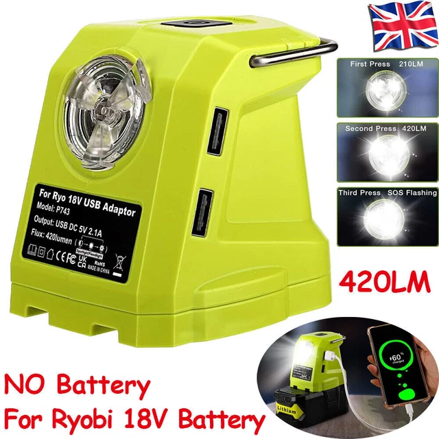 USB Akkuadapter Für Ryobi 18V - Campingleuchte Mit LED Licht & Ladegerät