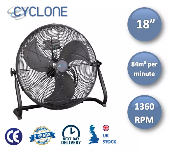 18’’ Cyclone High Velocity Floor Fan - Solid Steel - Free Next Day Delivery