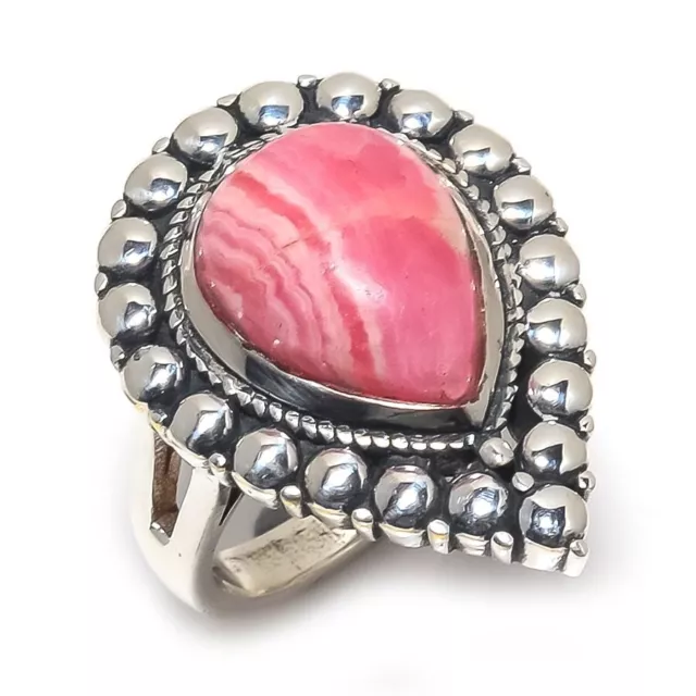 Striped Rhodochrosite Gemstone Handmade Silver Jewelry Ring Size 8