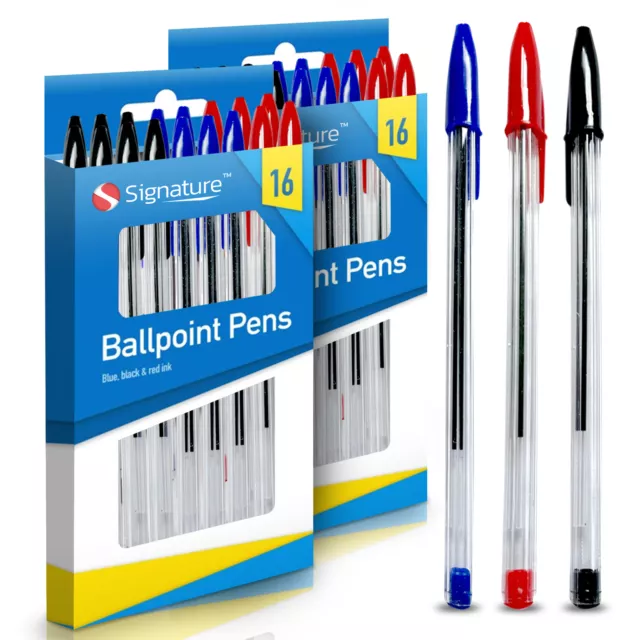 32 Ballpoint Pens Set | High Quality Medium Ball Point Pen Biros Black Blue Red