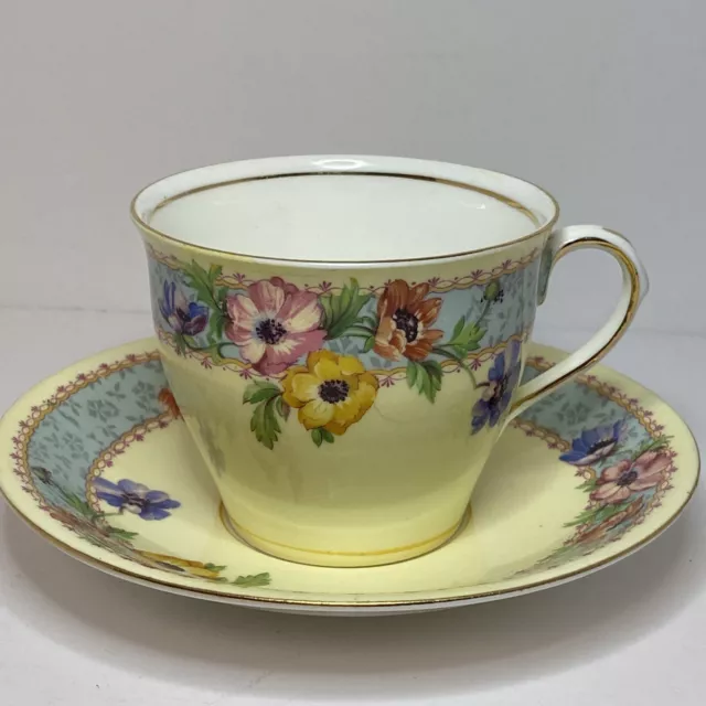 Vintage Aynsley Tea Cup and Saucer Yellow Blue Band Floral Bone China England
