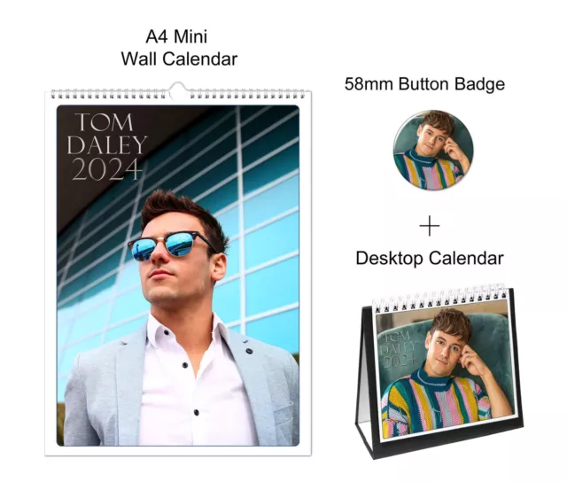 TOM DALEY 2024 A4 Wall + Desktop Calendar + Pin Button Badge 19.99
