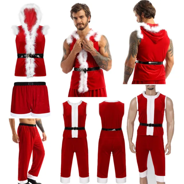 Men Velvet Christmas Santa Claus Cosplay Costume Hooded Coat Top Pants Set Party