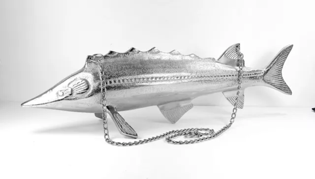 Metal Deep Sea Fish Nautical Hanging Silver Cast Aluminum Home Decor 22"x6" C574