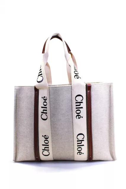 Chloe Womens Double Handle Logo Large Woody Linen Tote Handbag Beige White