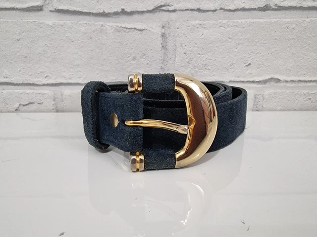 Cintura Vintage Vita 26"" - 32"" Blu Pelle Fibbia Oro UK Retro Classica