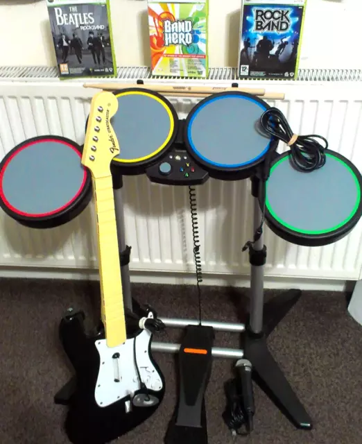 Boxed Xbox 360 Rock Band Wired Drum Set (Special Ed.) Fender Guitar Hero Games