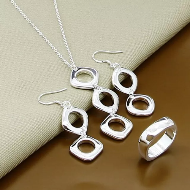 925 Silver Square Pendant Necklace Earrings Rings Women Wedding Jewellery Sets