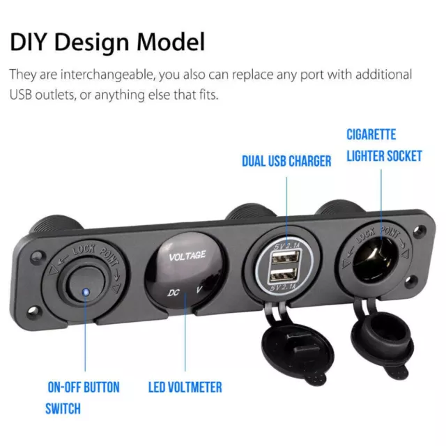 Cigarette Lighter Socket 12V Car Boat Dual USB Charger Mount Panel Power Plug XL